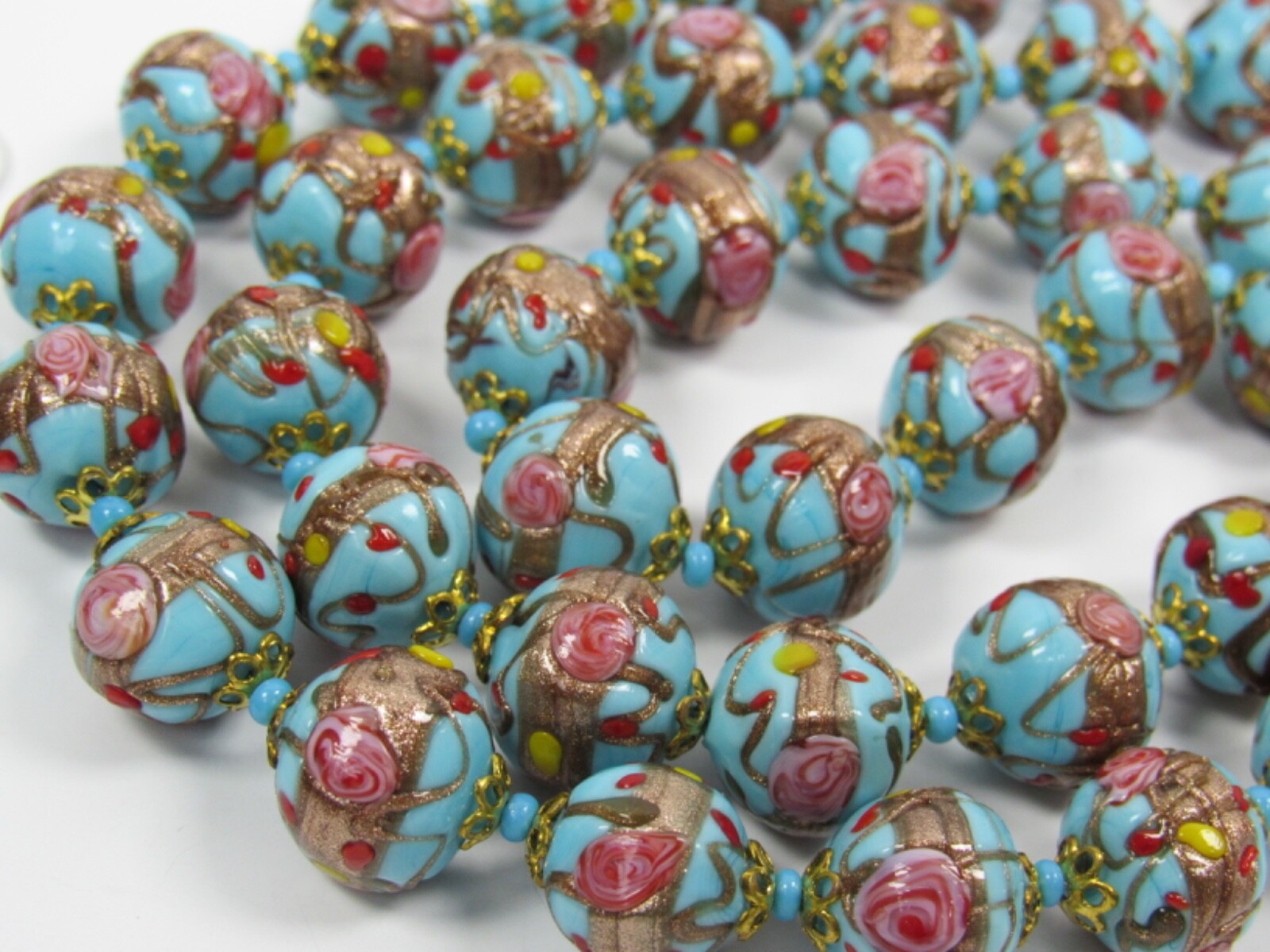 Italy WEDDING CAKE Gold Pink Red Blue Bead Strand NECKLACE Pierced EARRINGS SET