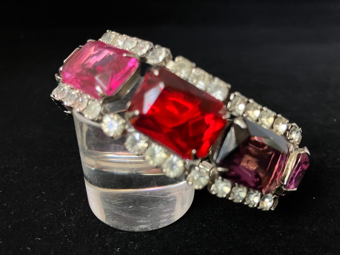 Vintage Rhinestone Panel Bracelet Square Cut Chunky Bling Purple Pink Red Clear