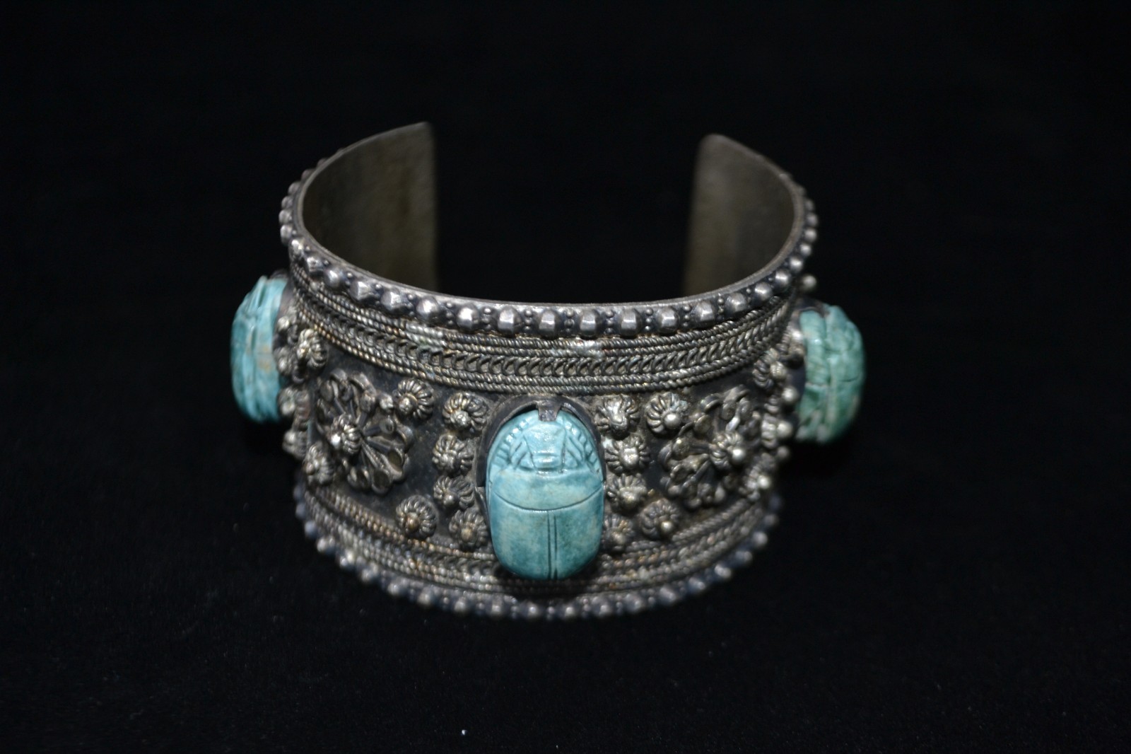 Vintage Revival Scarab Cuff Bracelet Sterling Silver With 3 Turquoise Stones