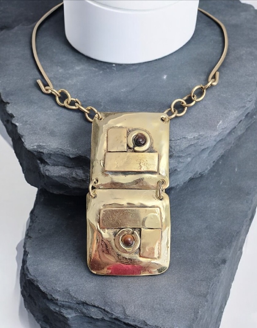 LILLO Israel Vintage Modernist Brass Pendant Necklace Neck Ring Cabochon Signed