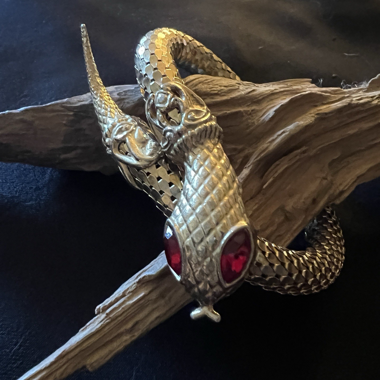 True Vintage DL Auld Serpent Snake Mesh Bracelet Gold Wrap Coil Red Crystal Eyes