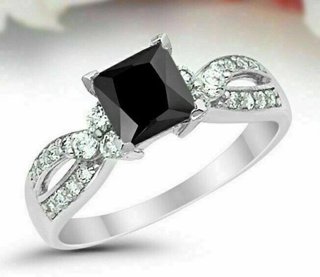 Princess Cut Black Onyx Lab Created Diamond Wedding 14Ct White Gold Finish Ring