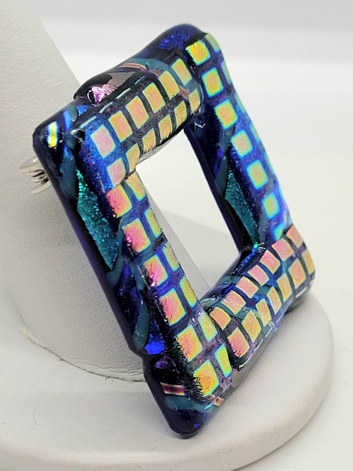 Dichroic Glass Brooch Fused Lampwork Abstract Cobalt Blue Iridescent Open Square