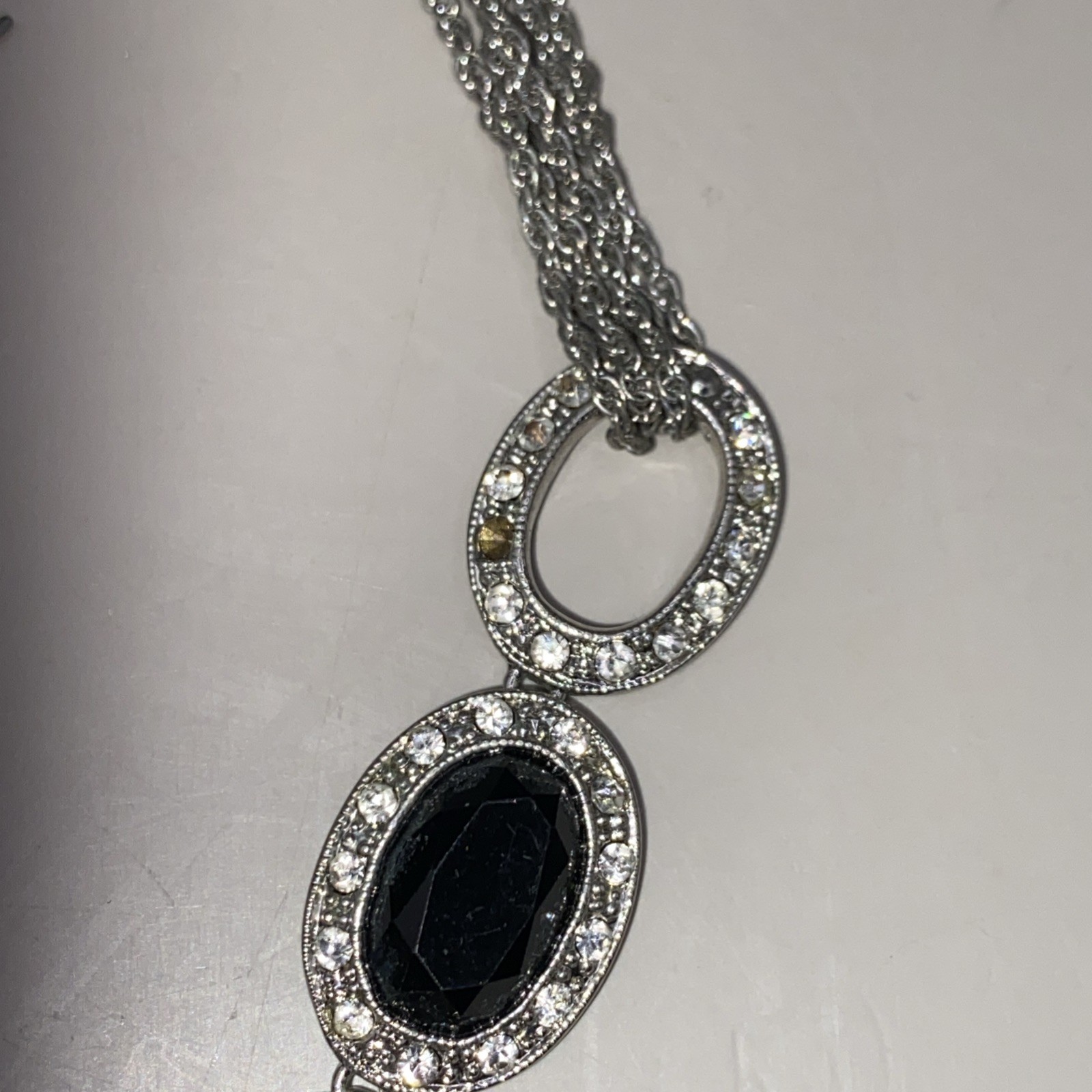 SPARKLE VTG Monet Necklace Earrings Set Black Glass Rhinestones SilverTone Chain
