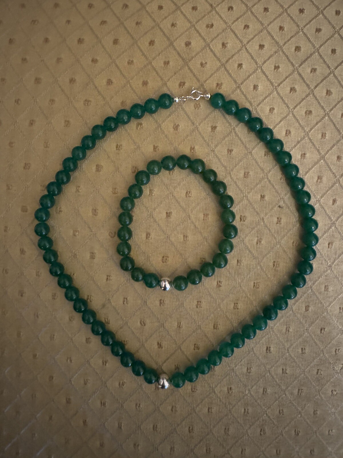 19.5” Vintage Green Peking Glass Necklace Bracelet Faux Jade Beaded Parure Set
