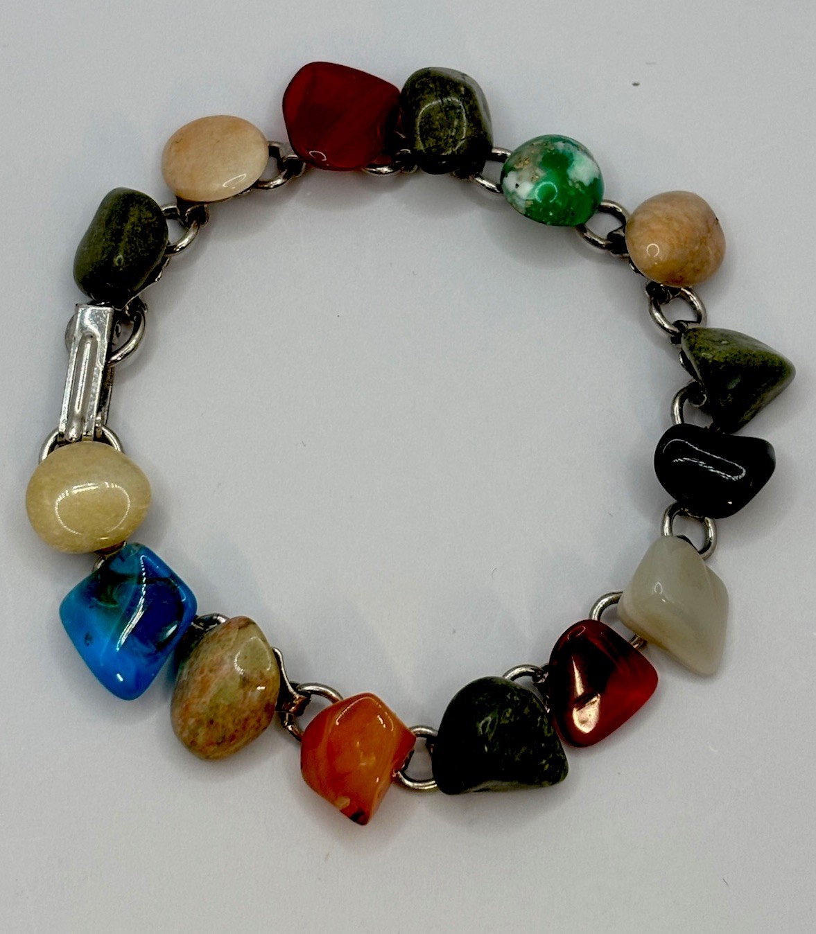 Vintage Link Polished Stone Glass Tumbled Agate Bracelet Rainbow 6.5”