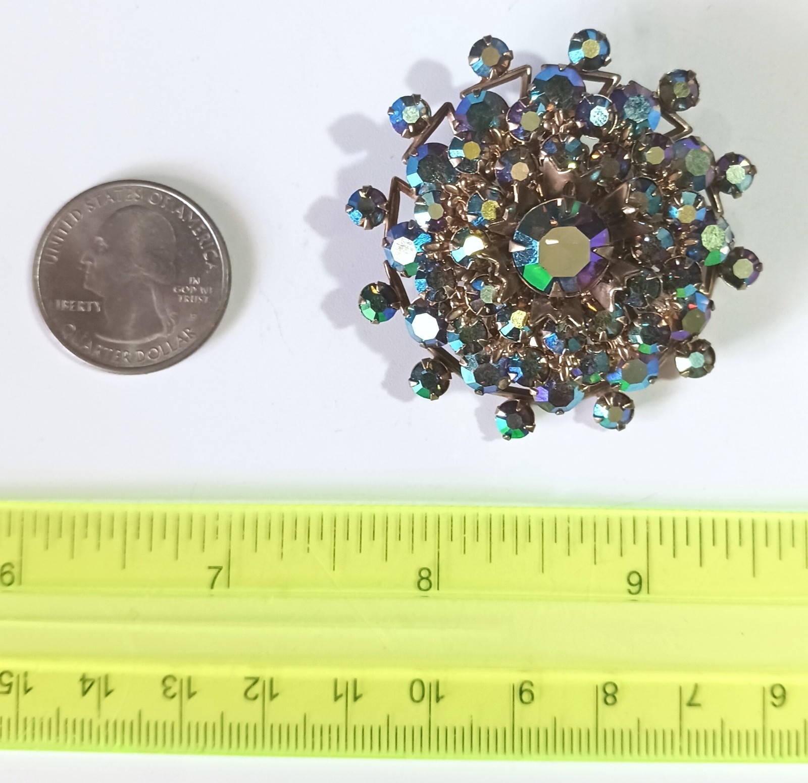 Vintage Layered Gold-tone Brooch w Purple-Blue Aurora Borealis Rhinestones