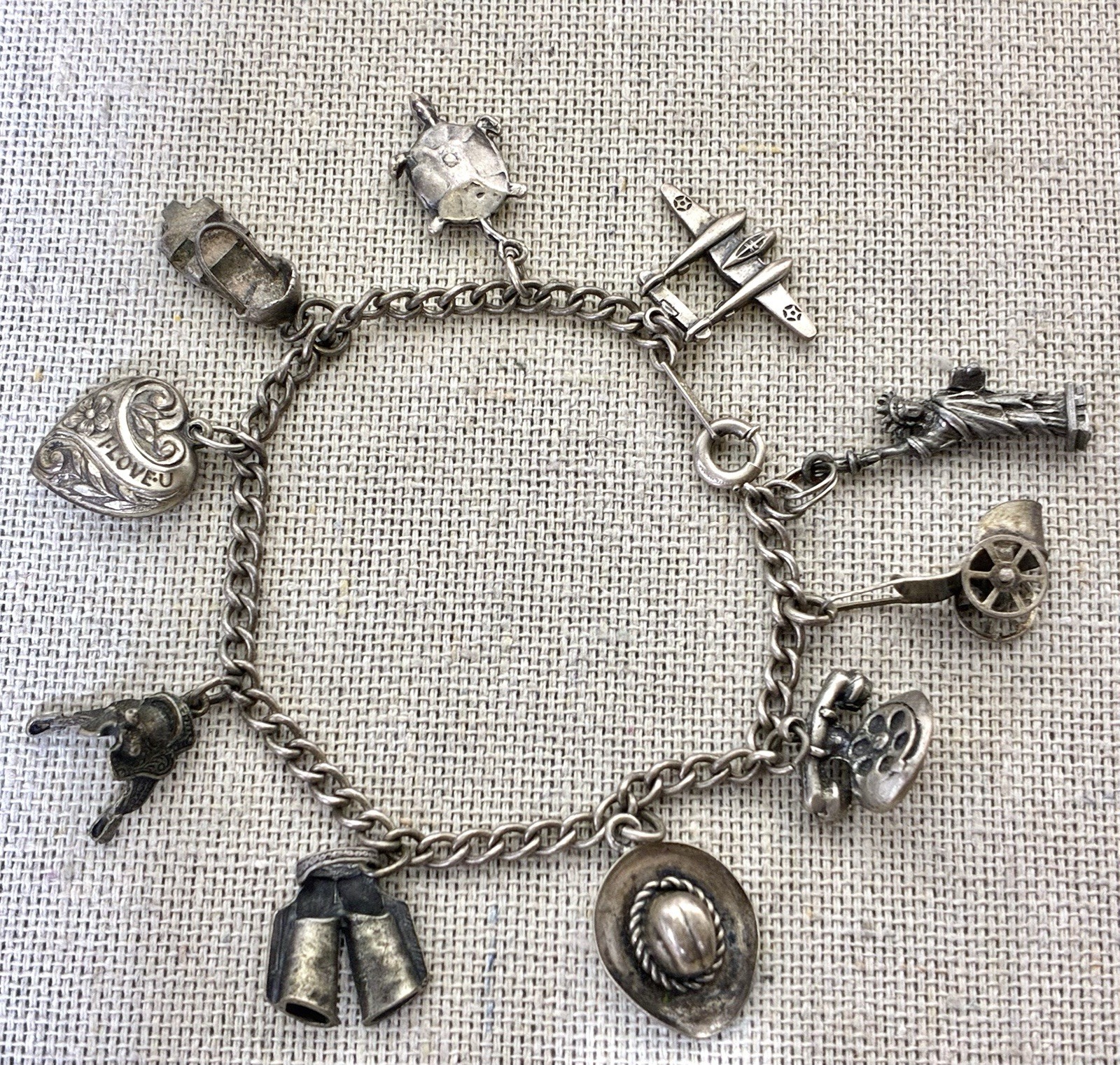Vintage Sterling Silver Charm Bracelet Western Travel Charms 22g