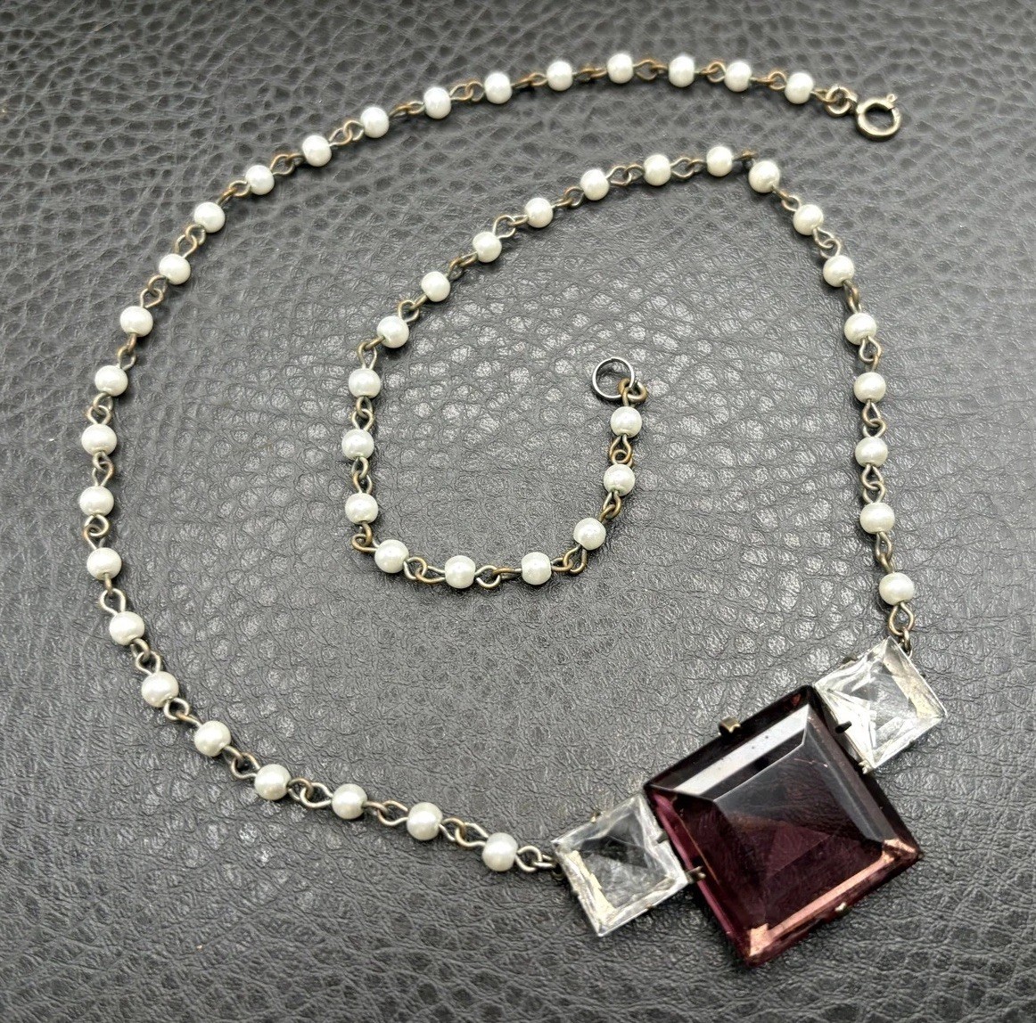 Vintage Art Deco Pearl & Purple Glass Pendant Necklace 925 Silver Clasp READ