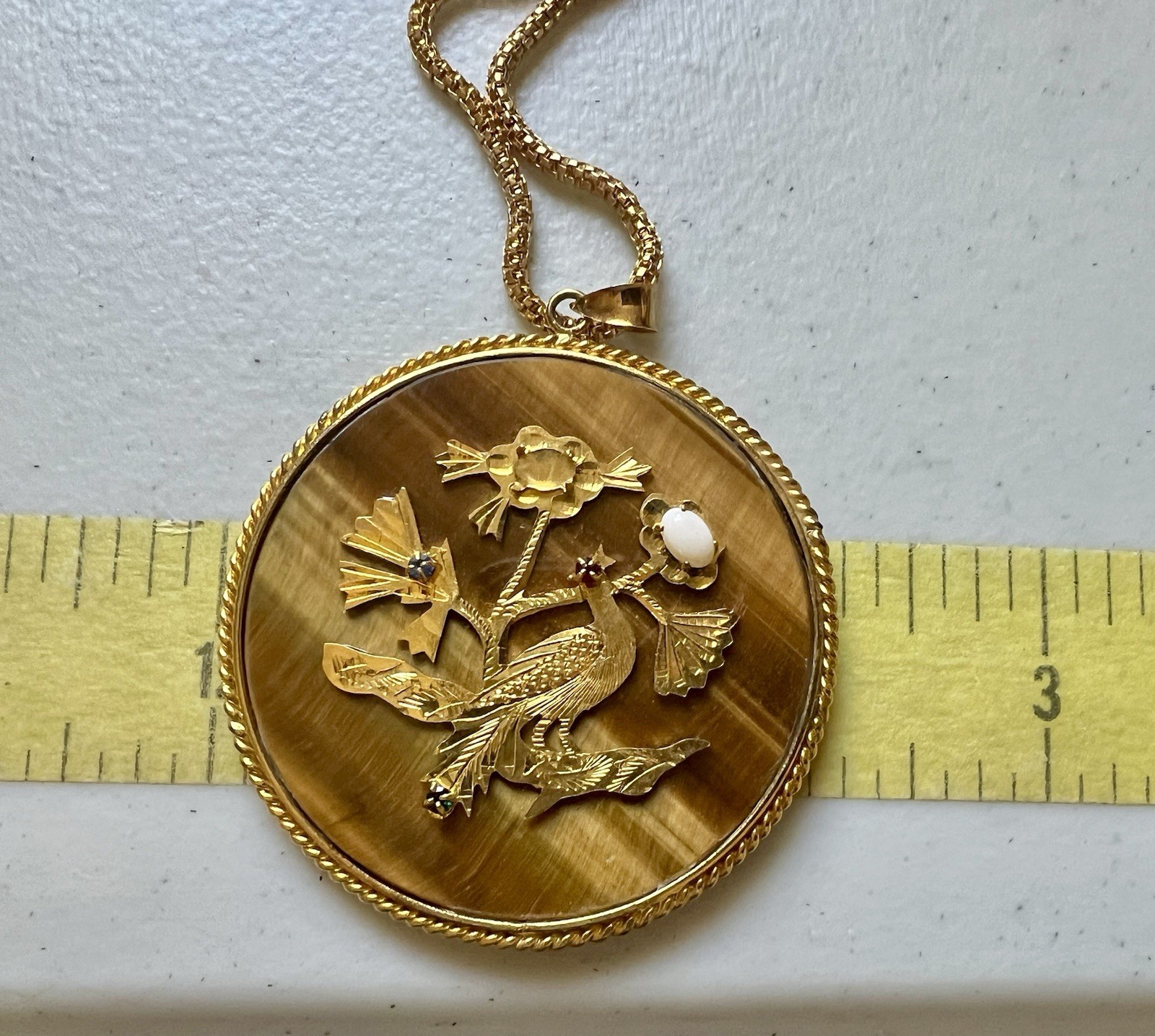 Vintage Double Sided Tiger’s Eye Gemstone Pendant With A Peacock On The Front