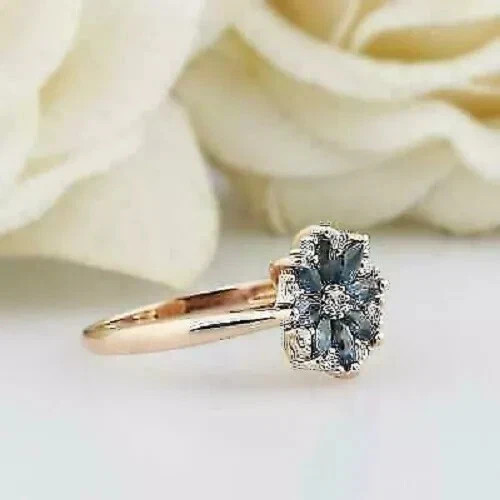 Art Deco Style Lab-Created Diamond & Sapphire Engagement 14K Rose Gold FN Ring