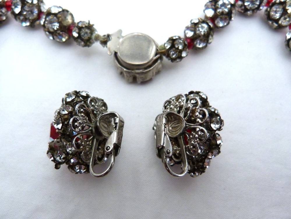 VINTAGE DALSHEIM RHINESTONE SPHERES RED CRYSTAL AB BEADS NECKLACE EARRINGS SET