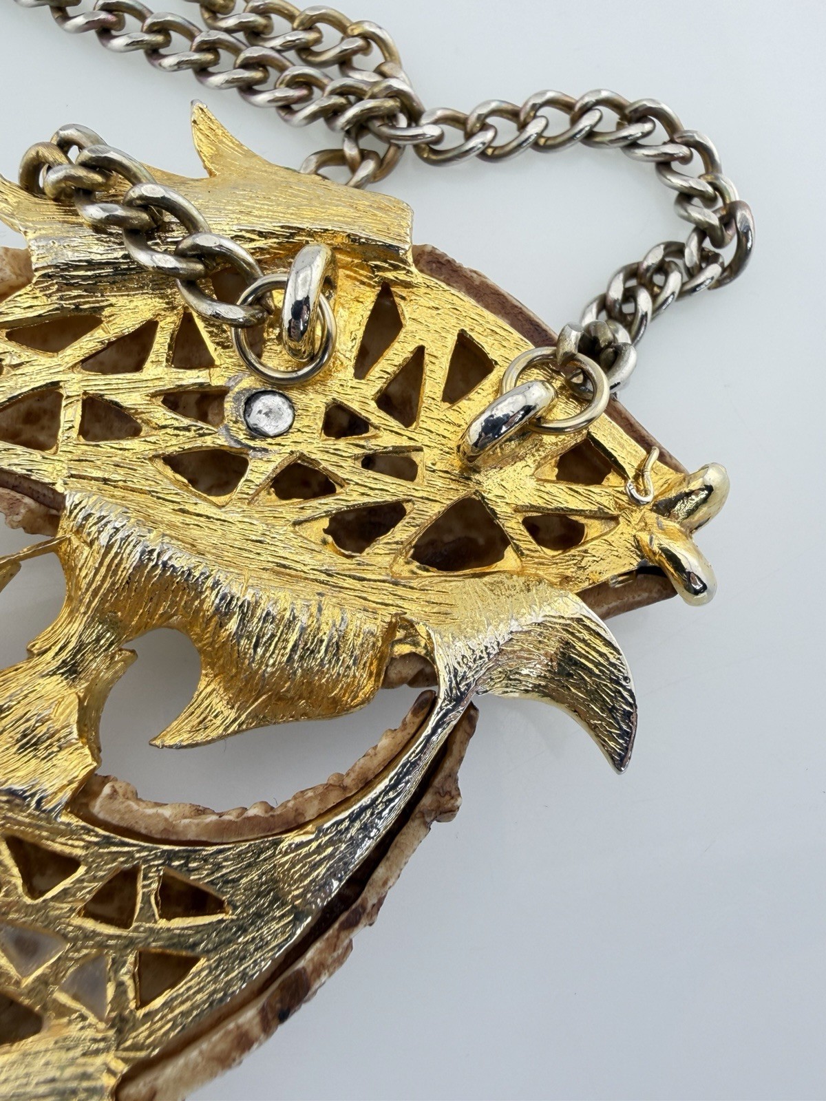 Vintage Razza Double Fish Necklace Carved Resin Faux Bone Gold Tone Large Pisces