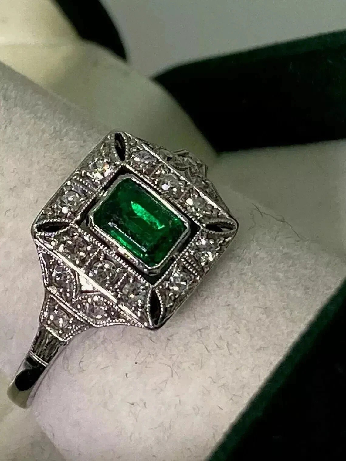 Share 4Ct Art Deco Style Green Lab Created Emerald Anniversary 14K White Gold FN