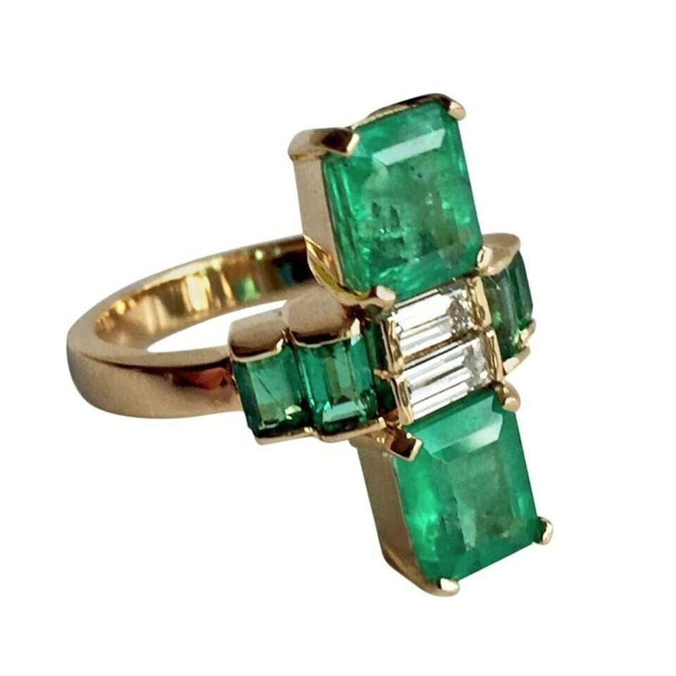 2.80 Ct Green Emerald Art Deco Vintage Engagement Ring 14K Yellow Gold Over