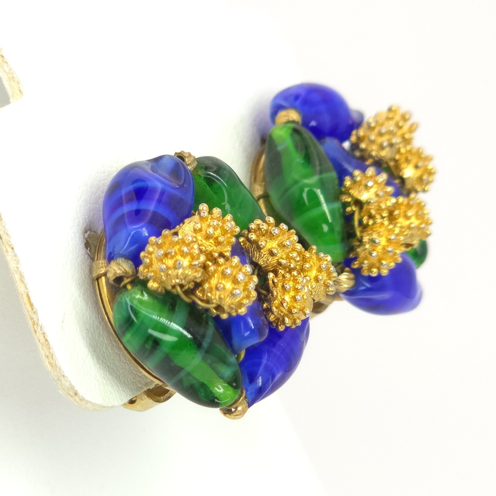 Elegant Vintage Les Bernard Clip On Earrings Blue & Green Glass Golden Ornament