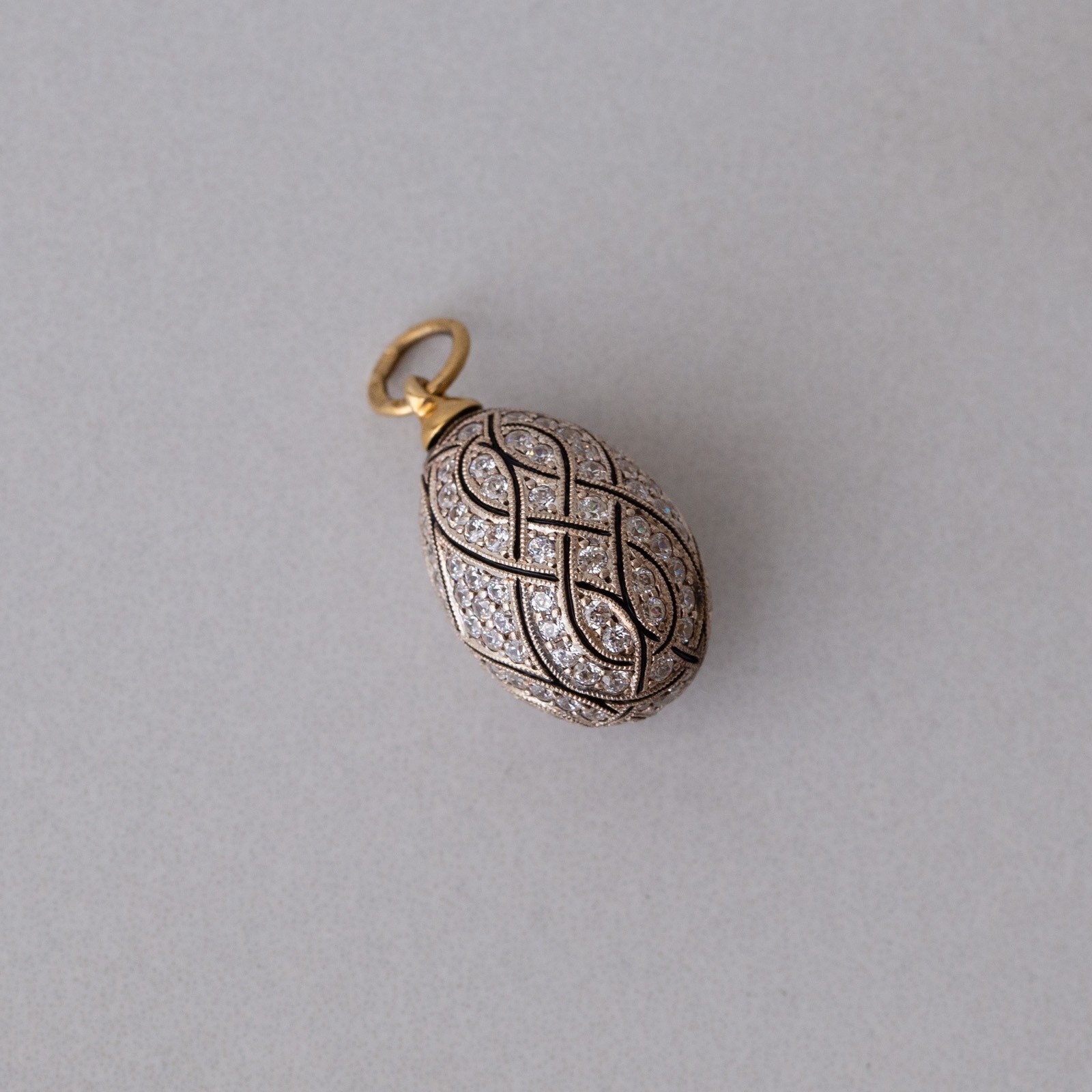 Vintage Soviet Era c.1990 Fully Pavé Enamel Egg Pendant 18k 750 Gold 960 Silver