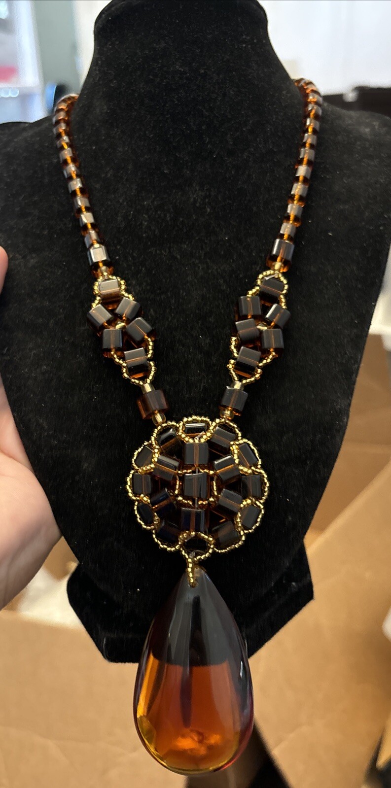 Vintage Brown Color Glass Dangle Necklace Teardrop