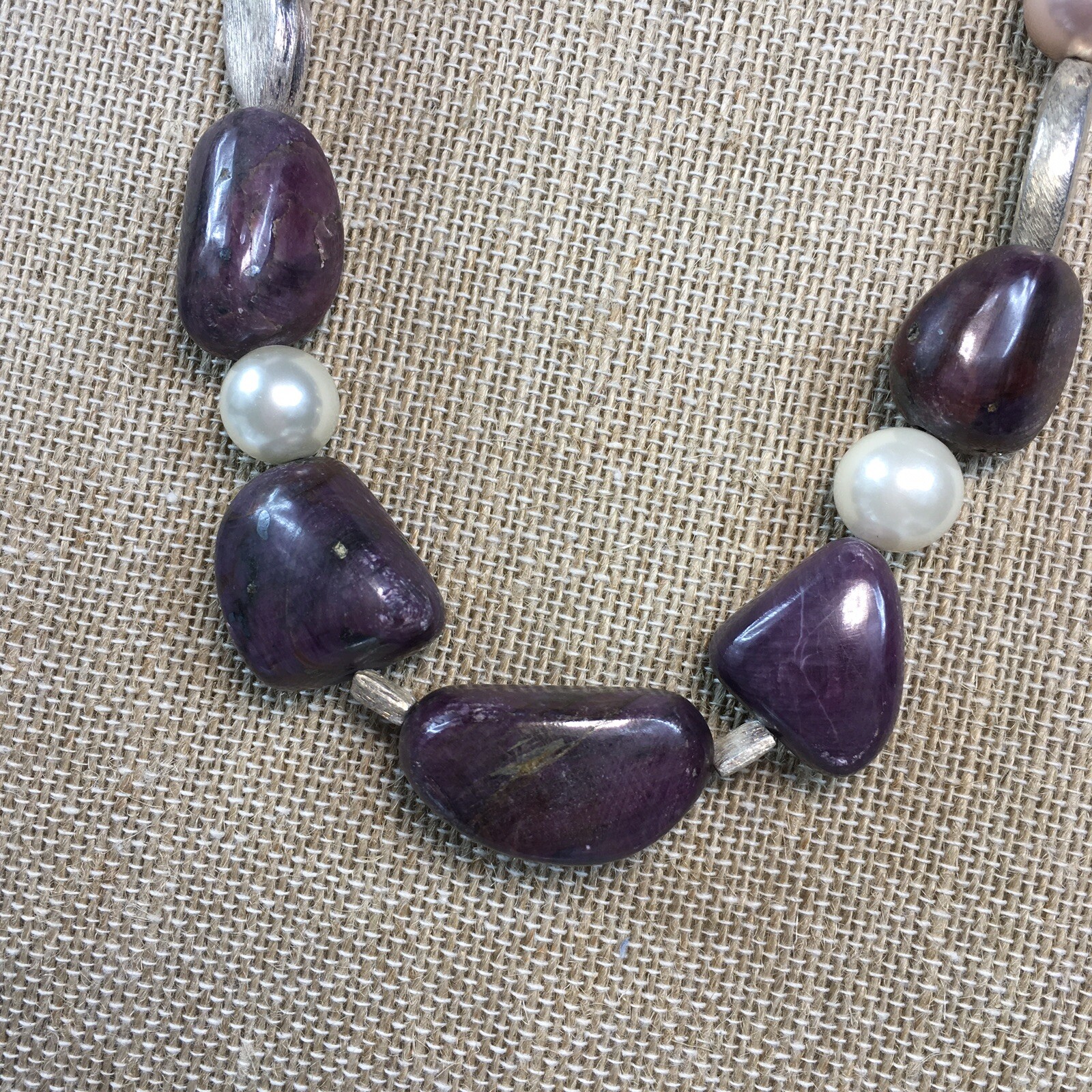 Artisan Hand Made Purple Corundum Faux Pearl Necklace Sterling Clasp