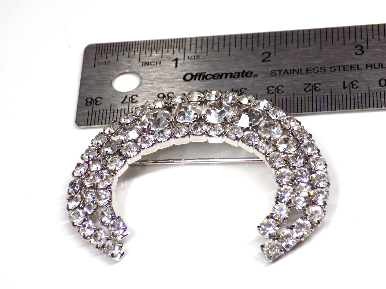 Vintage Big Rhinestone Brooch White Colorless Stones Silver-tone Crescent Moon