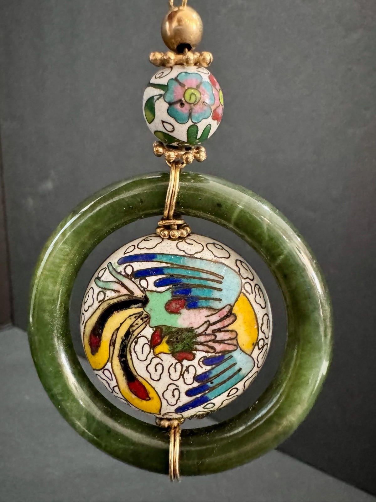 Lot of 3 Vintage Asian Style Pendant Necklaces Cloisonne Jade Look Cinnabar Styl