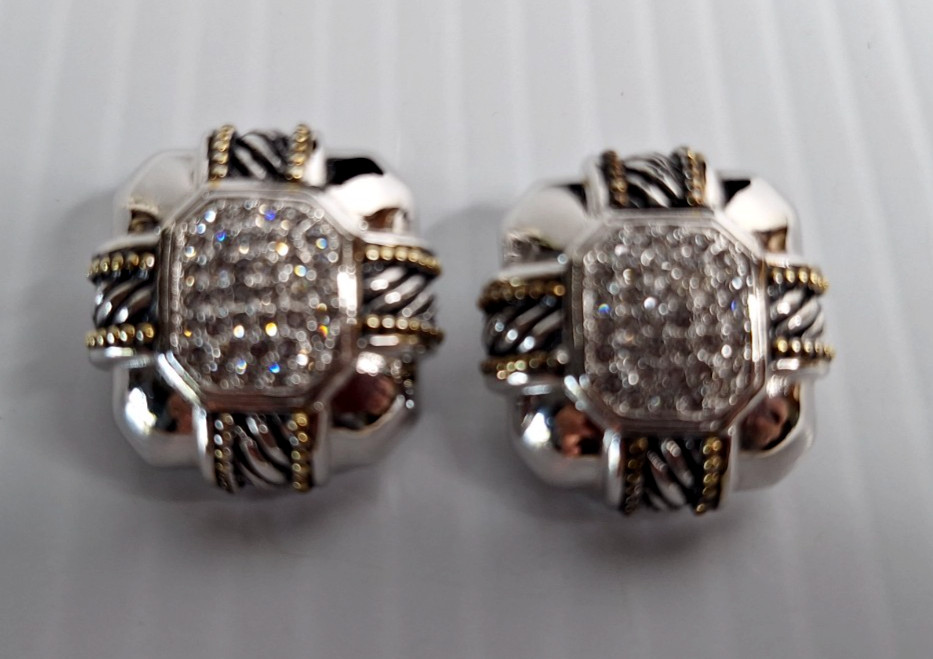 Vintage TJ CZ Clip-on Earrings Silver & Gold Tone 1980s High End Any Occasion