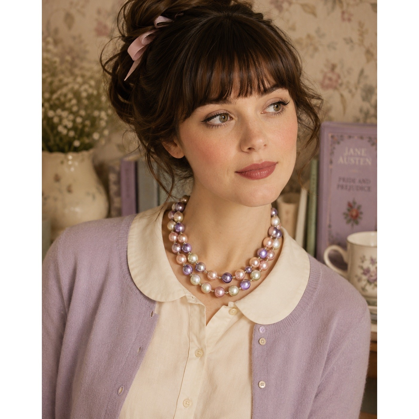 Vintage Pastel Faux Pearl Double Strand Necklace Pink Purple Romantic