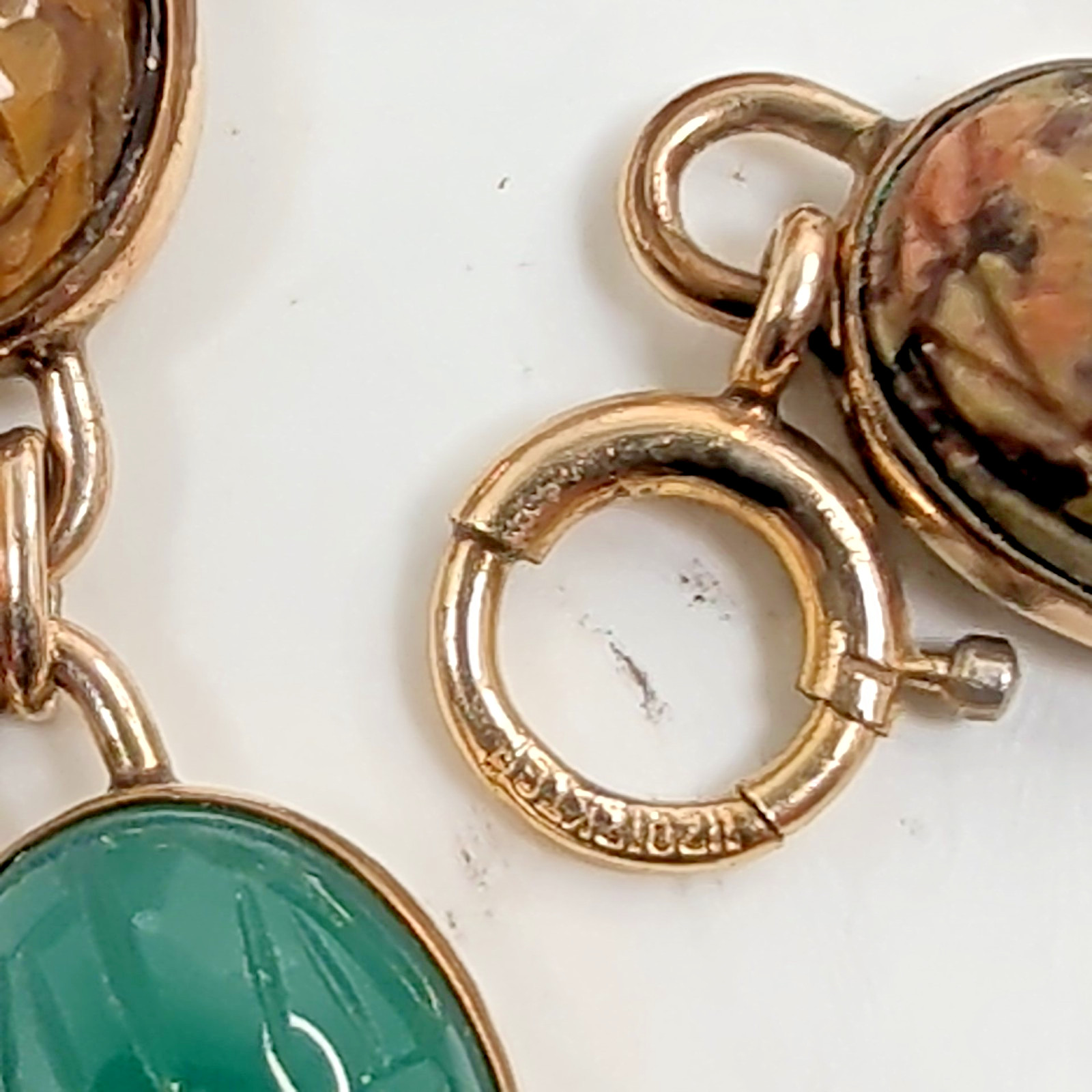Vintage WRE 1/20 12K GF Gold Filled Multi Gemstone Carved Scarab Link Bracelet