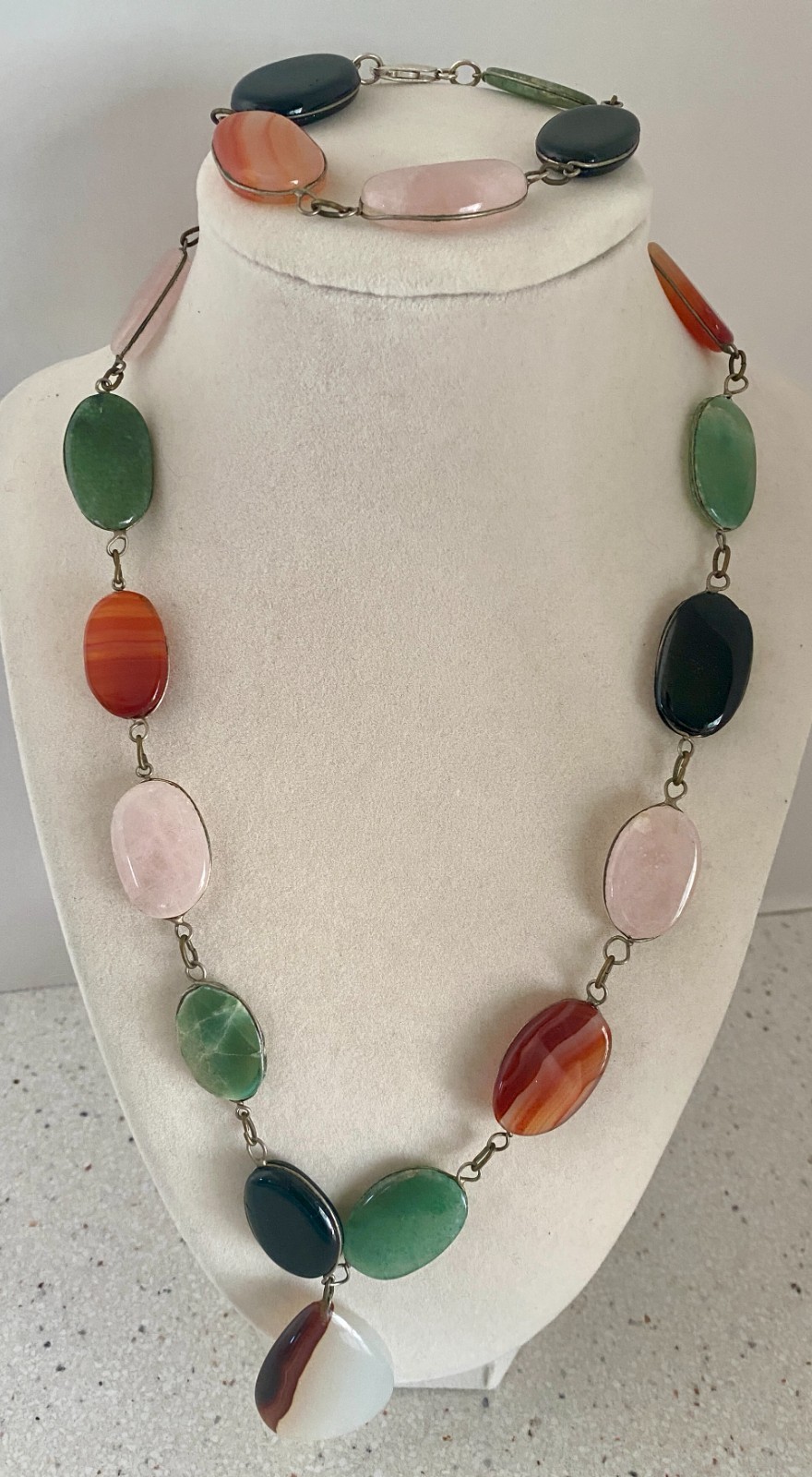 Multicolor Polished Stone Agate Quartz Statement Necklace Bracelet Set Silver