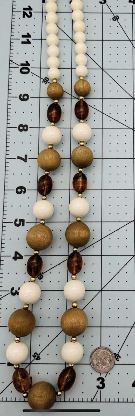 Vintage Scandinavian Boho Wood Faux Amber Bead Necklace Earth Tone Long 29in