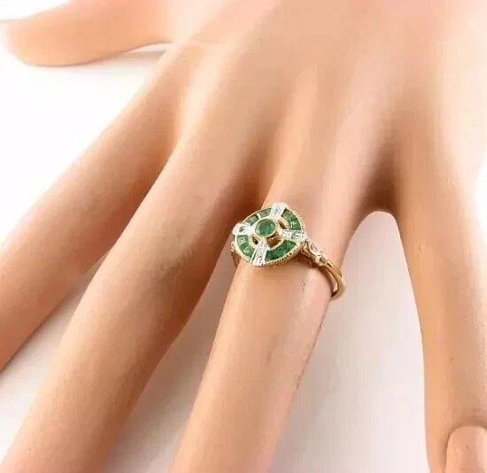 2Ct Art Deco Style Lab Created Diamond & Emerald Engagement 14K Gold Finish Ring