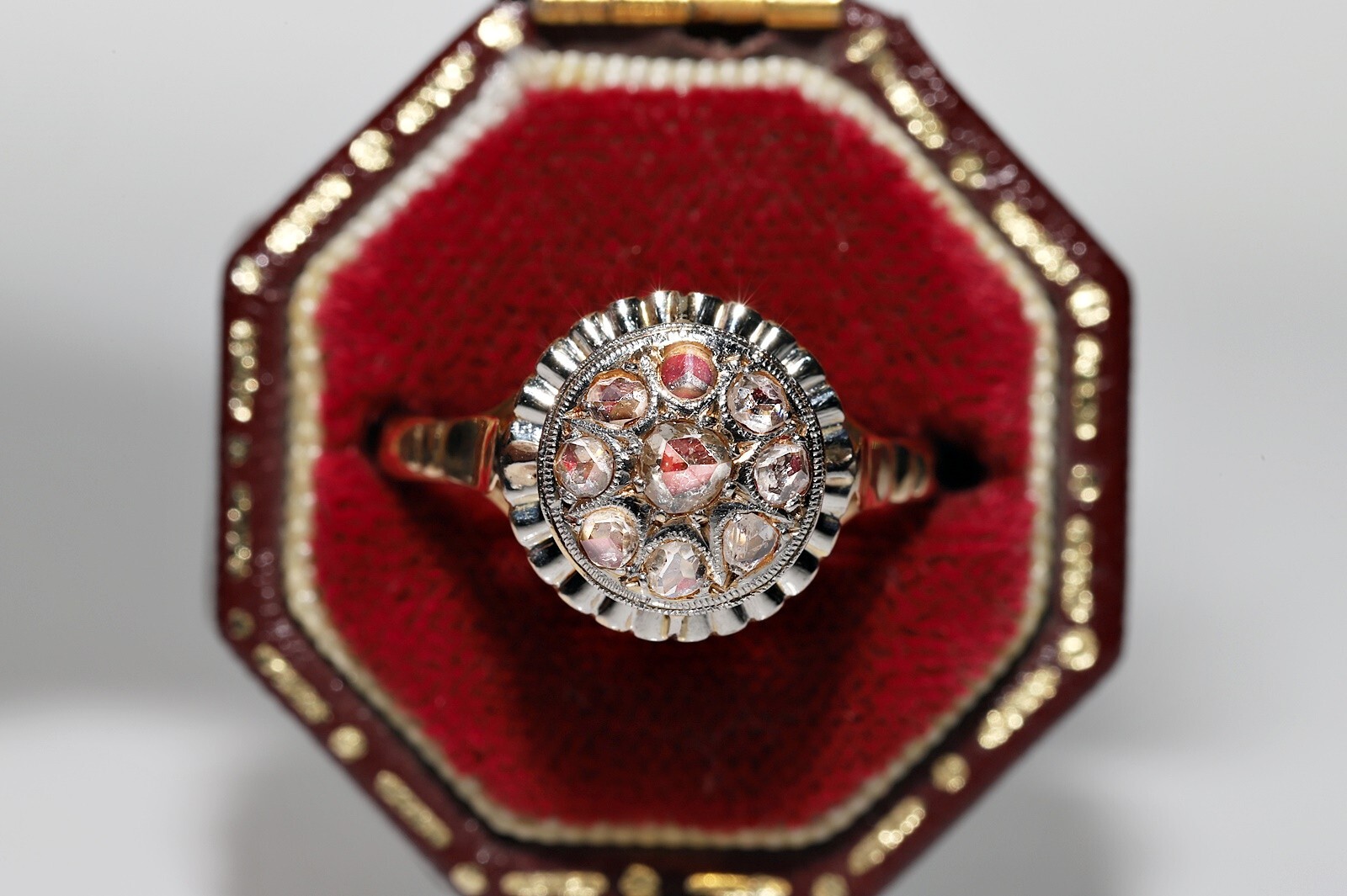 Antique Circa 1920s 18k Gold Natural Rose Cut Diamond Decorated Ring