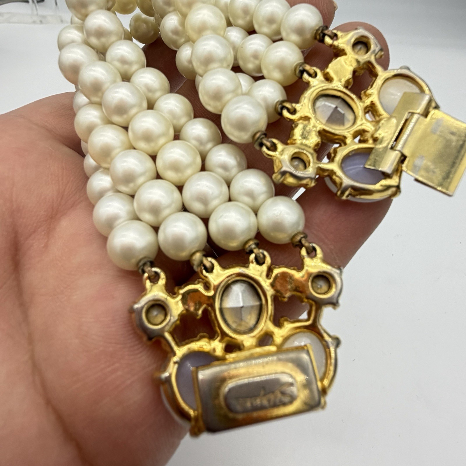 VTG SCHIAPARELLI Signed Bracelet Opaline Pink AB Faux Pearl Statement Rare