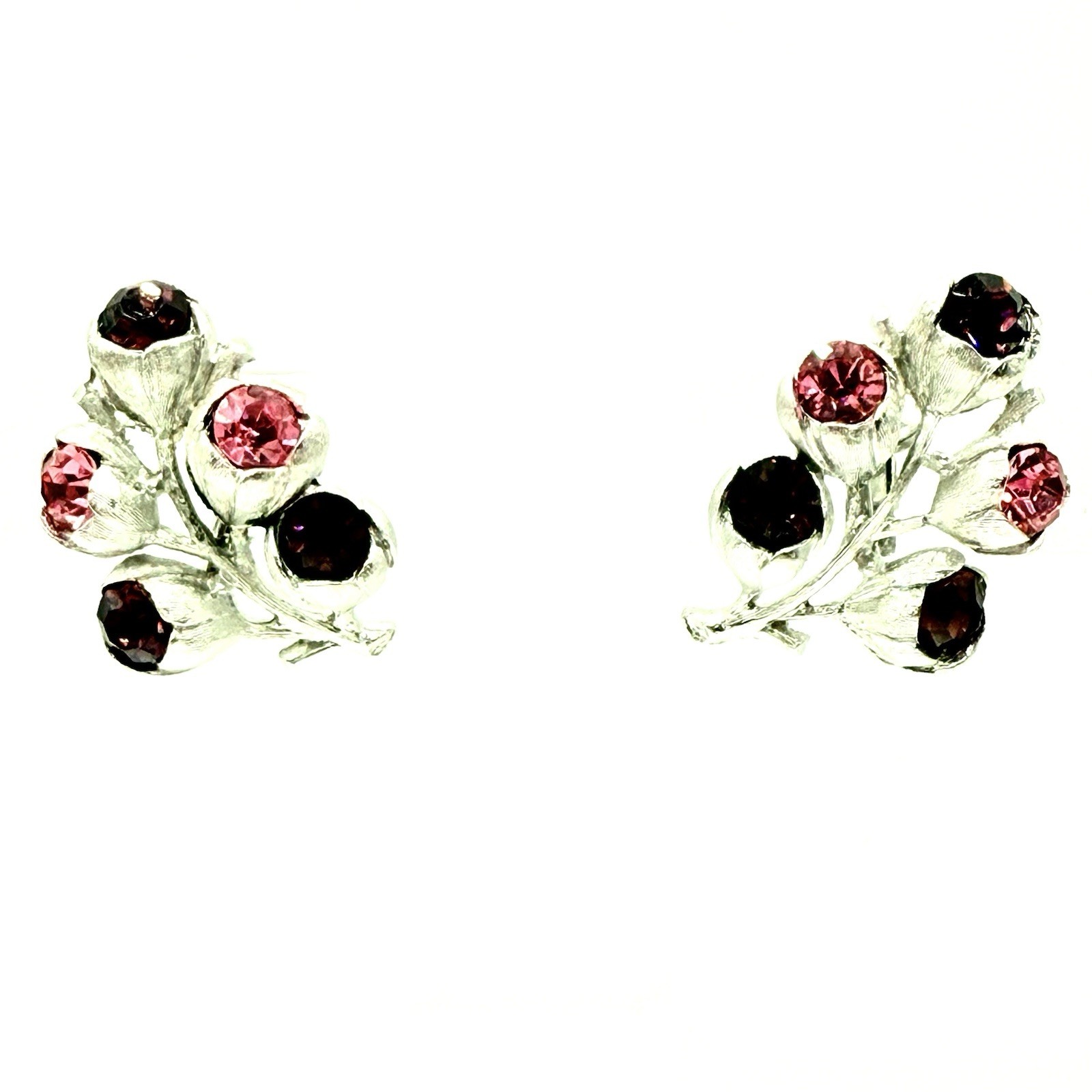 Vtg Sarah Cov Silvertone Wisteria Earrings Clip On Purple Pink CZ Spray