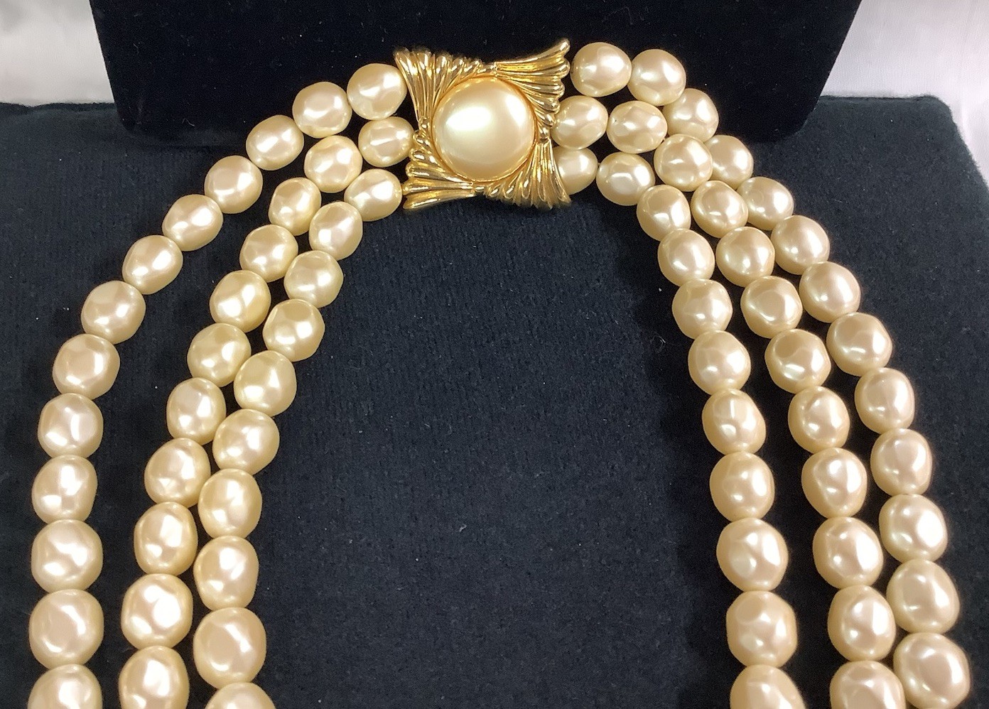 Large &Rare Vintage YSL Yves Saint Laurent 3 Strand Faux Baroque Pearl Necklace