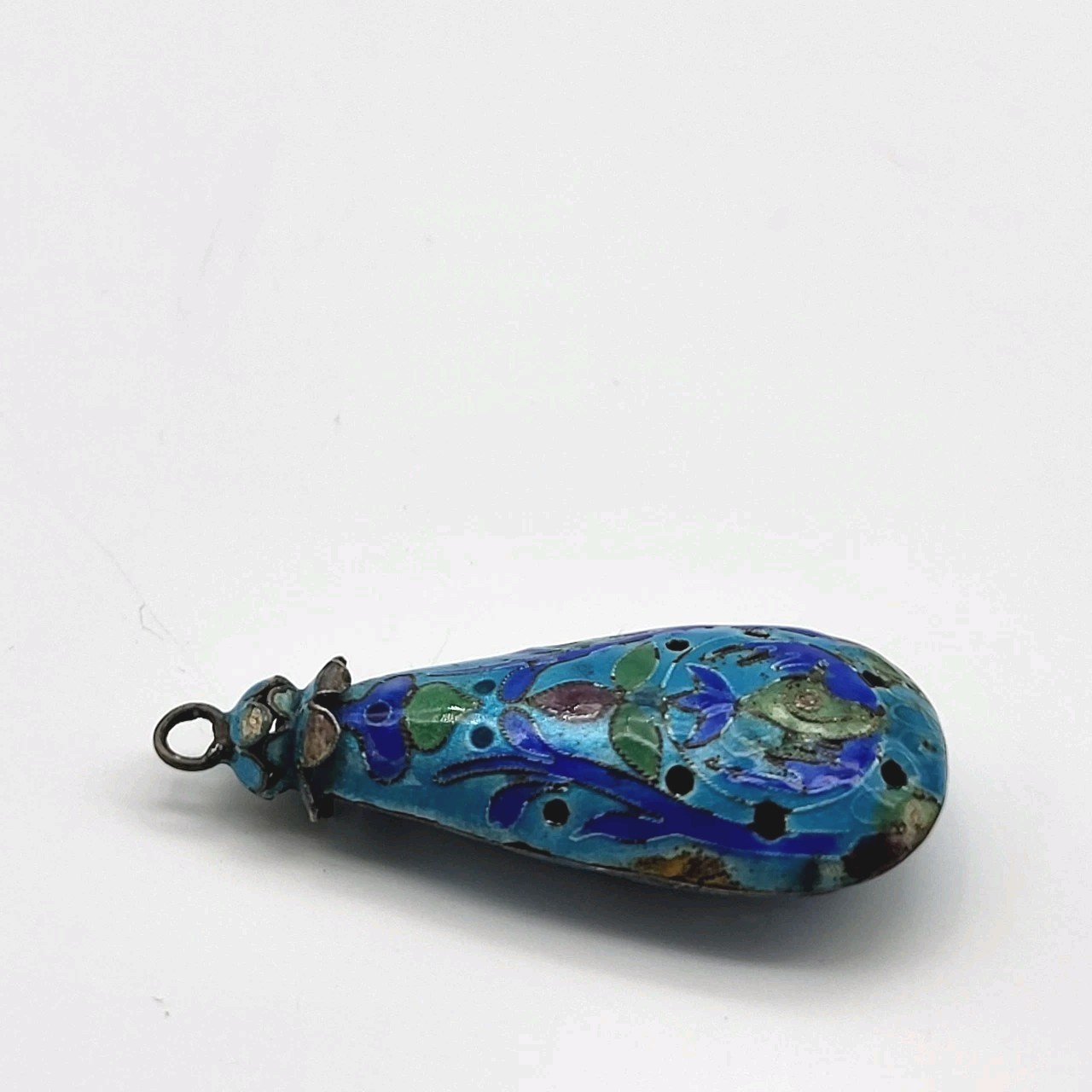 Beautiful Blue Enamel Cloissone pierced pendant Silver Chinese Export estate