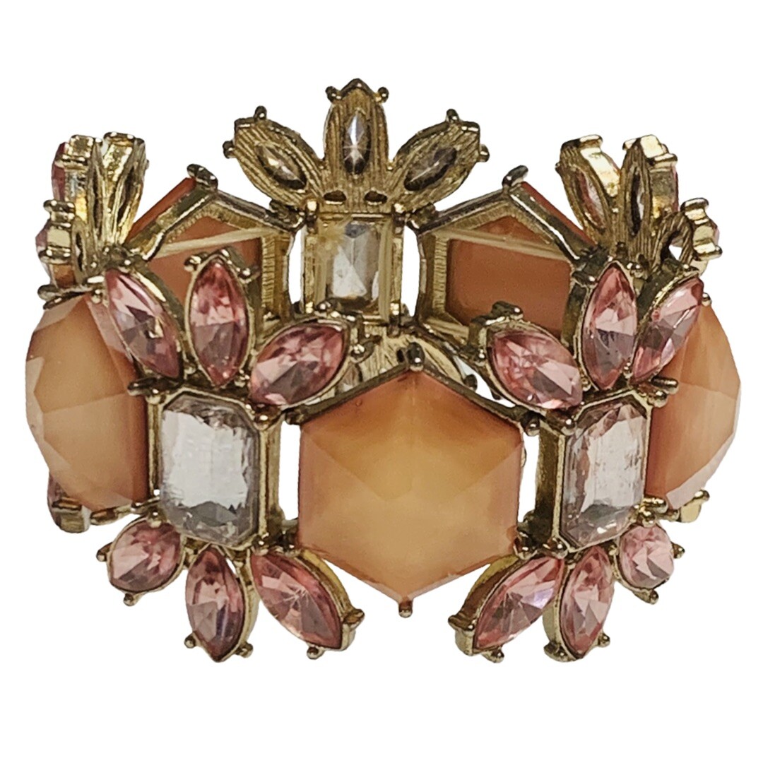 Pink Bracelet Rhinestone Flower Wide t 7″ Silver Tone Trendy Spring Jewelry