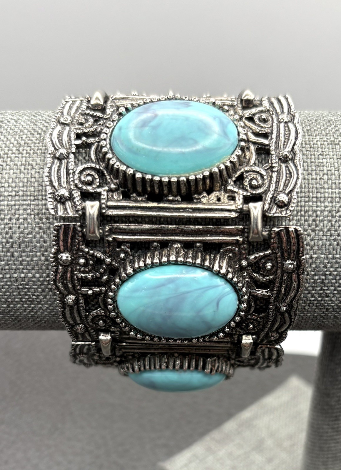 VTG Wide Chunky Panel Bracelet Faux Turquoise Boho Silver Tone Filigree