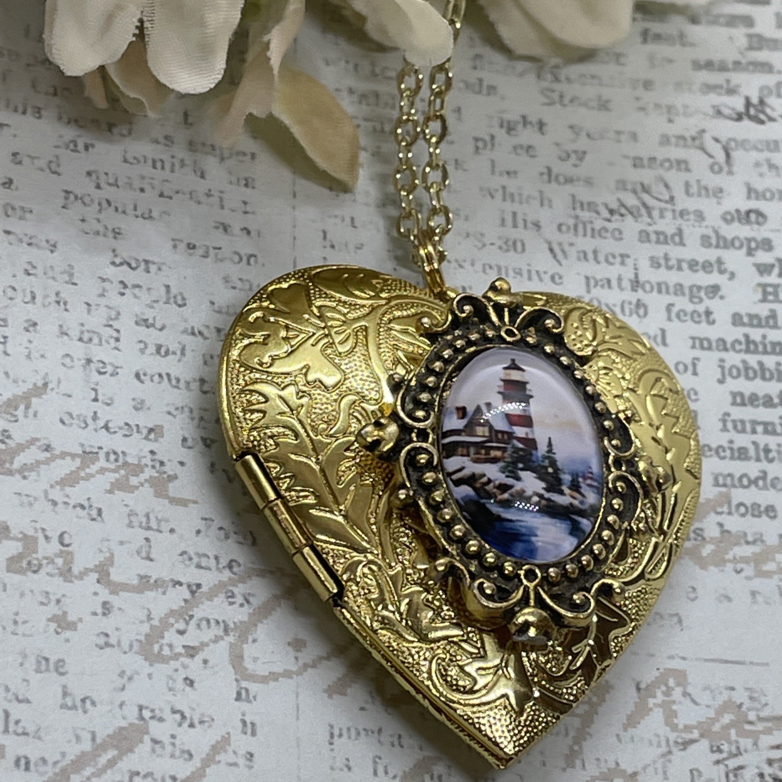 Gold Heart Locket Photo Lighthouse Cottage Sailor Birthday Anniversary Necklace