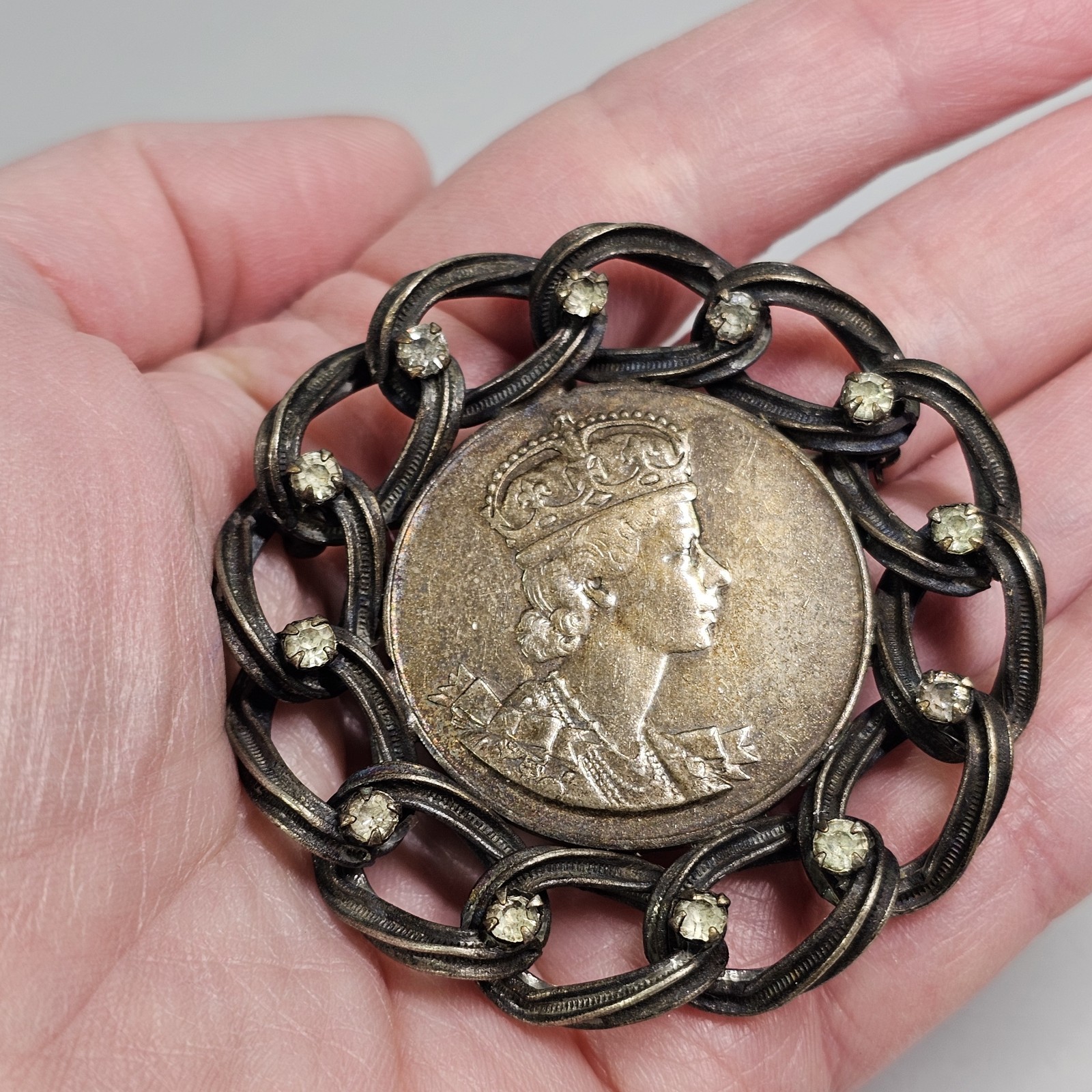 Vintage Queen Elizabeth Coronation Brooch Coin 1953