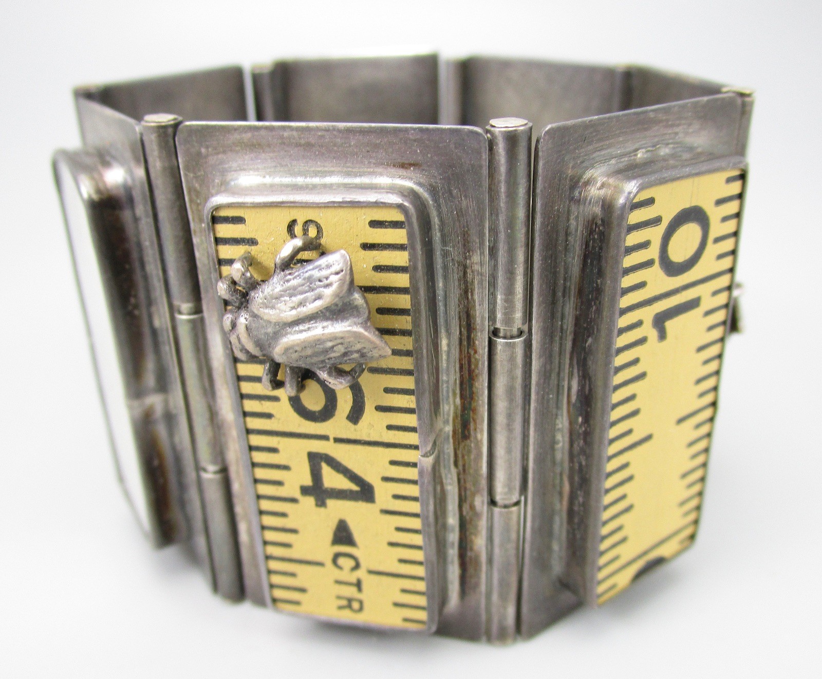 UNUSUAL ARTISAN LISA FIDLER STERLING WOOD RULER INSECT FOUND OBJECT BRACELET