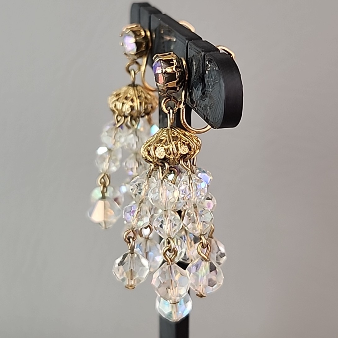 Vintage AB Glass Beaded Tassel Necklace Earrings Set Gold Tone Bar Links 26″