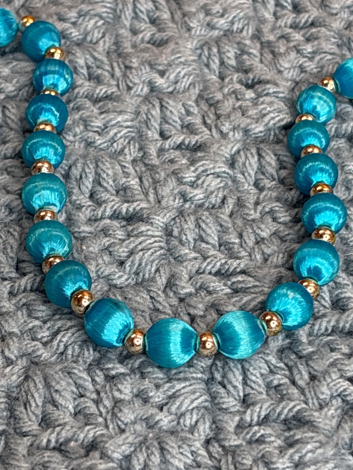 Blue Satin Wrapped Beaded Necklace Silvertone Spacer Beads Vintage 29 inch Long