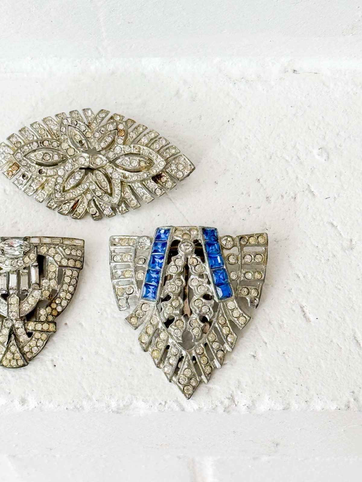 Lot 3 Antique At Deco Rhinestone Dress Clip & Brooch 1930s Estate Jewelry
