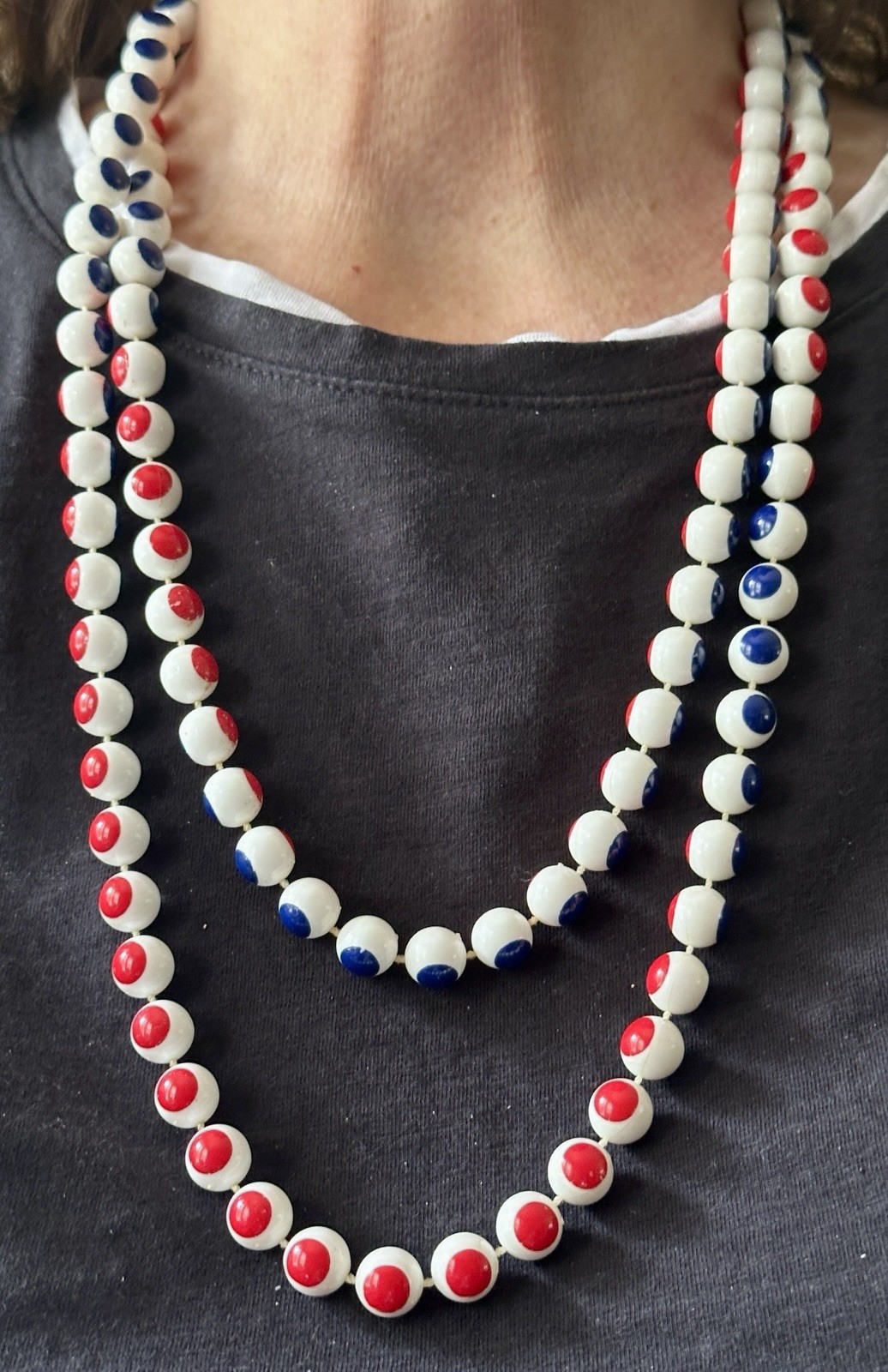 Vintage 1950 red, white andblue plastic puzzle bead necklace