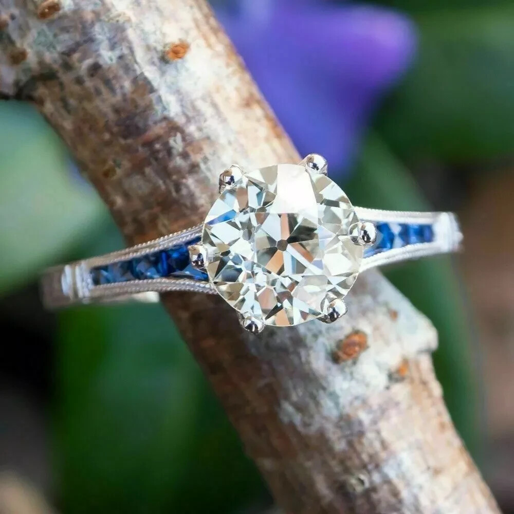 Art Deco 3.00Ct Lab Created Diamond & Sapphire 14K White Gold FN Engagement Ring