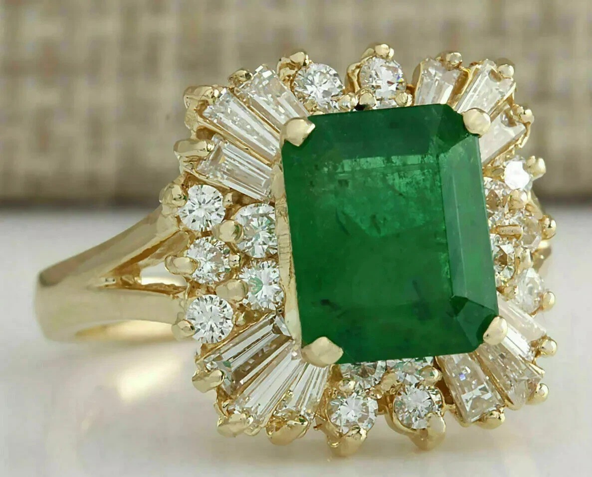 4.50Ct Art Deco Style Lab Created Green Emerald Anniversary 14K Gold FN Ring