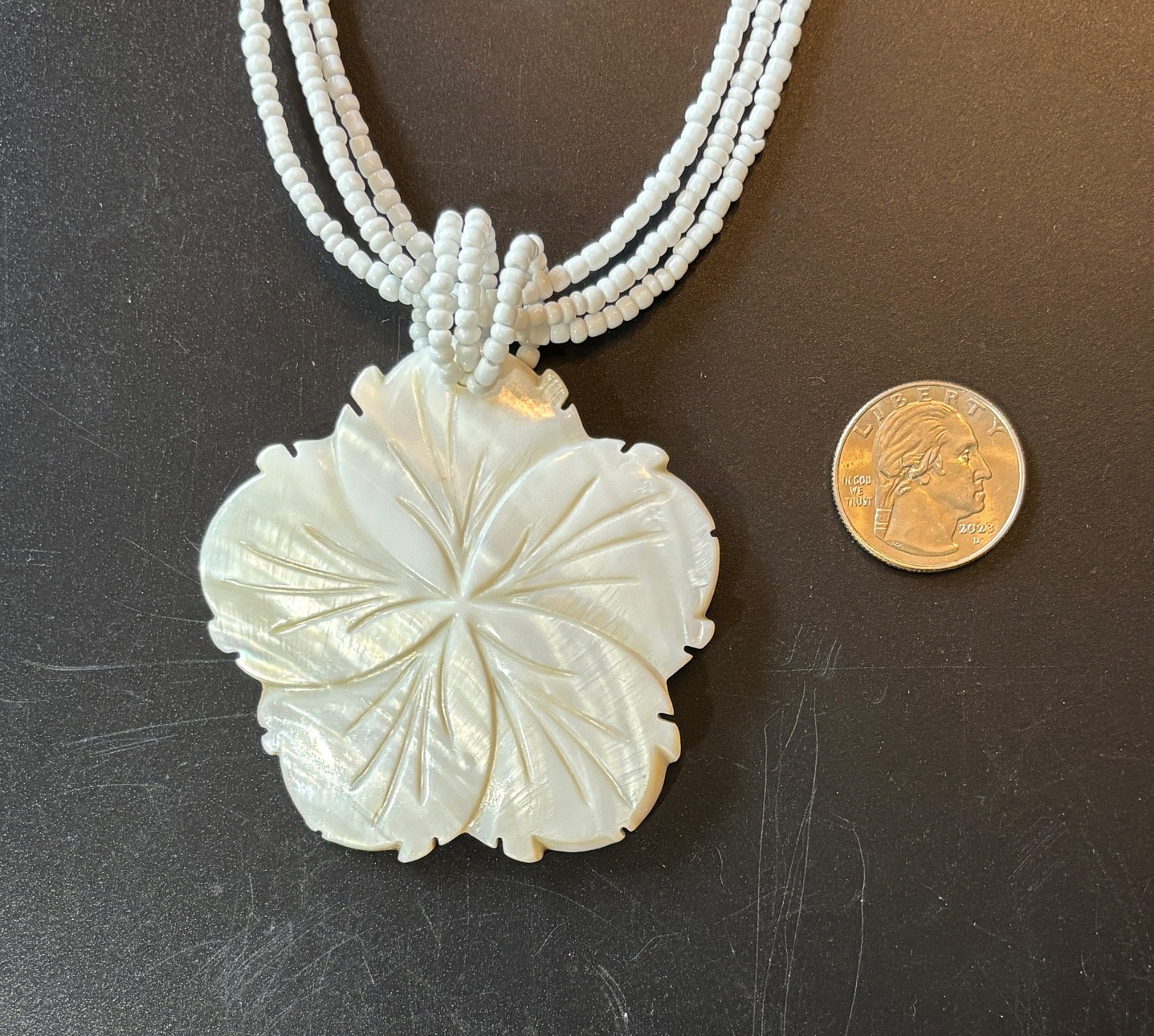Vtg Mother of Pearl Necklace & Pierced Earrings Set Flower 1980s Island Wedding