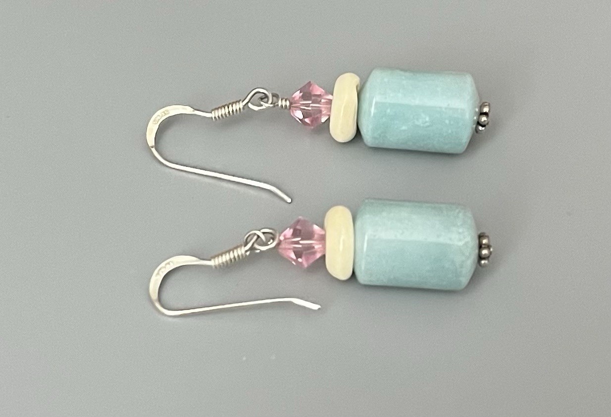 VTG SX 925 Sterling-Carved MOP-Pale Blue-Peach Stone Bracelet Wire Earring Set