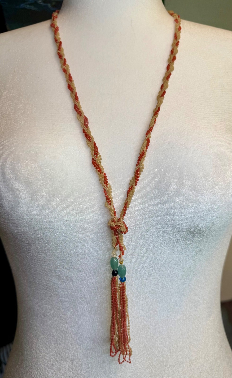 ntique 1920s 1930s Bead Braided Lariat Necklace Art Deco Frosted Pink Cream Czec